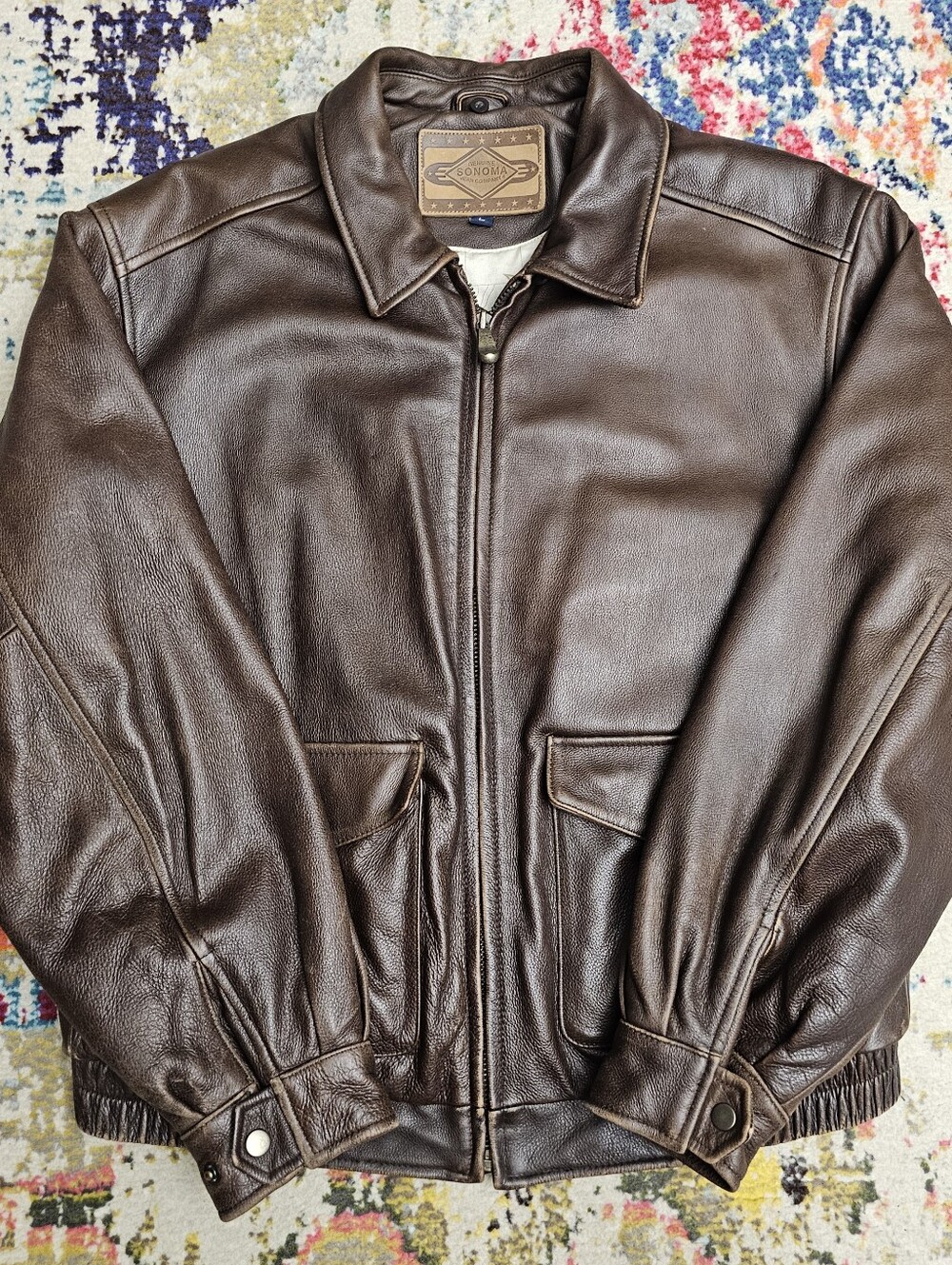 Sonoma Flight Jacket Mens Large Brown Leather Full Zip Bomber Flag Lined Aviator